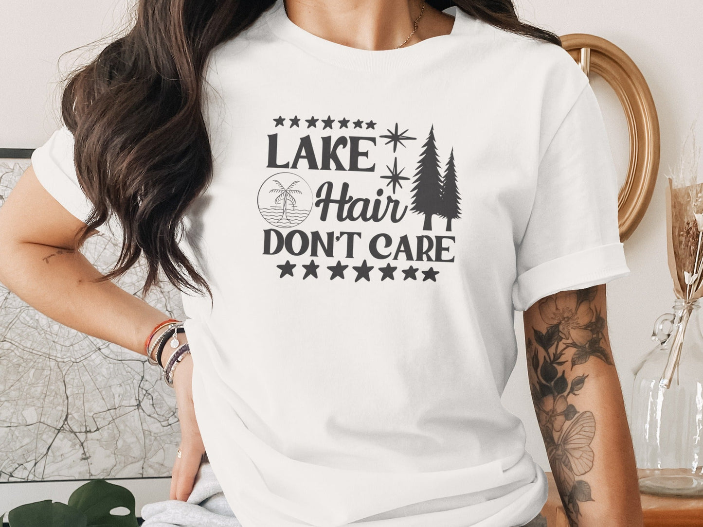 Lake with Hair Don't Care Graphic Image Printed T-Shirt