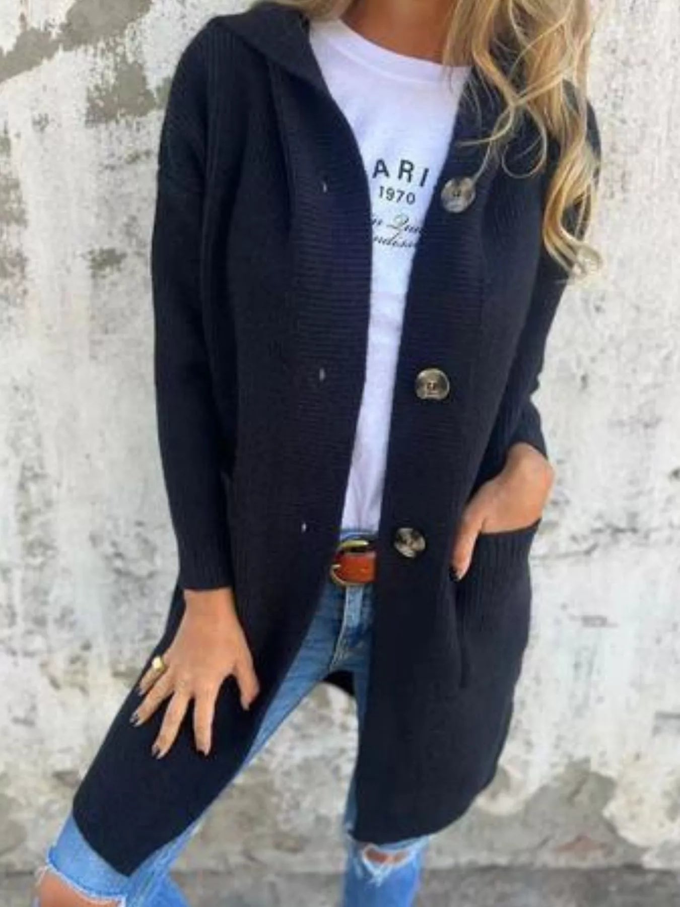 Full Size Button-Down Hooded Cardigan Plus Size