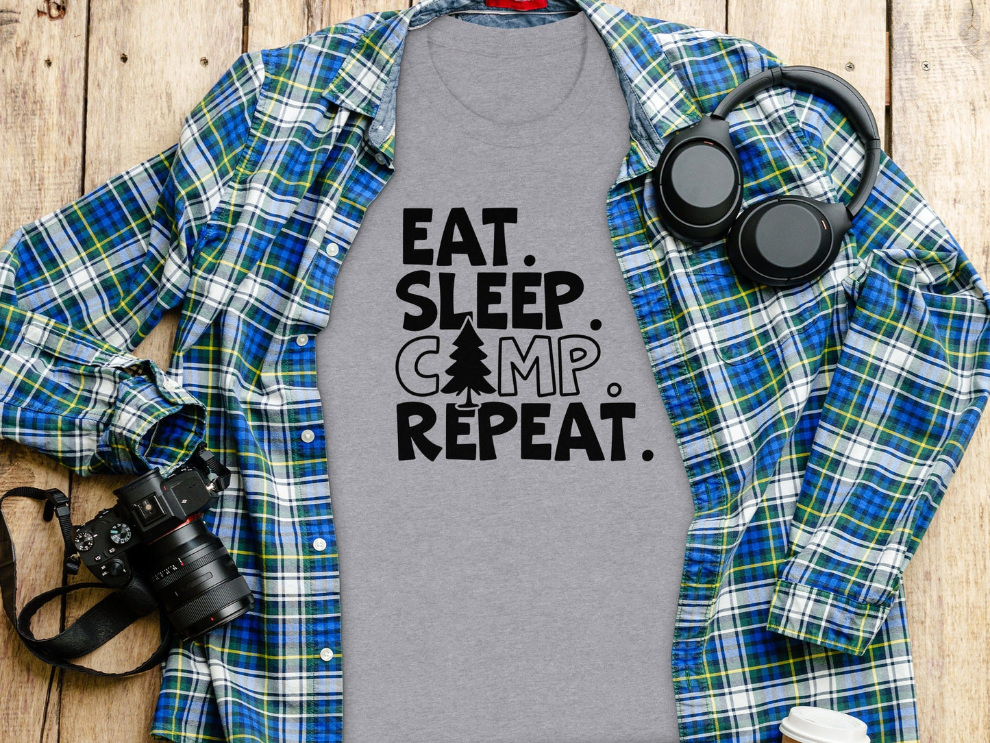 Eat Sleep Camp Repeat With Pine Tree Graphic T-Shirt