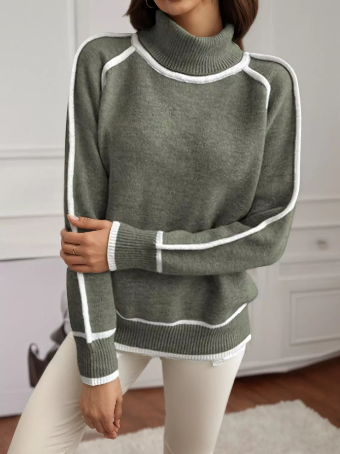 Full Size Turtleneck Contrast Trim Sweater Plus Size