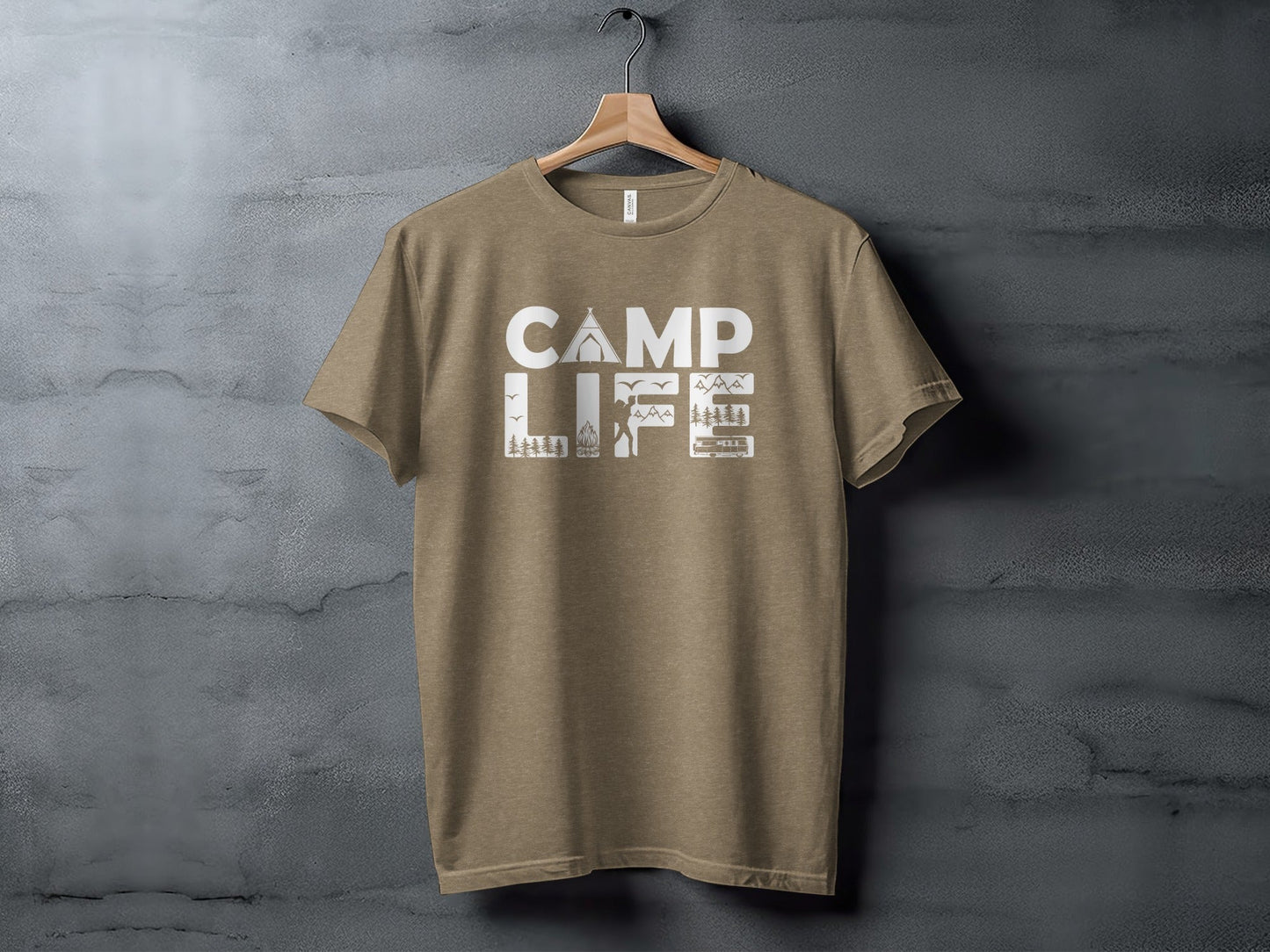 Camp Life Illustration with Tent and Fire Design T-Shirt