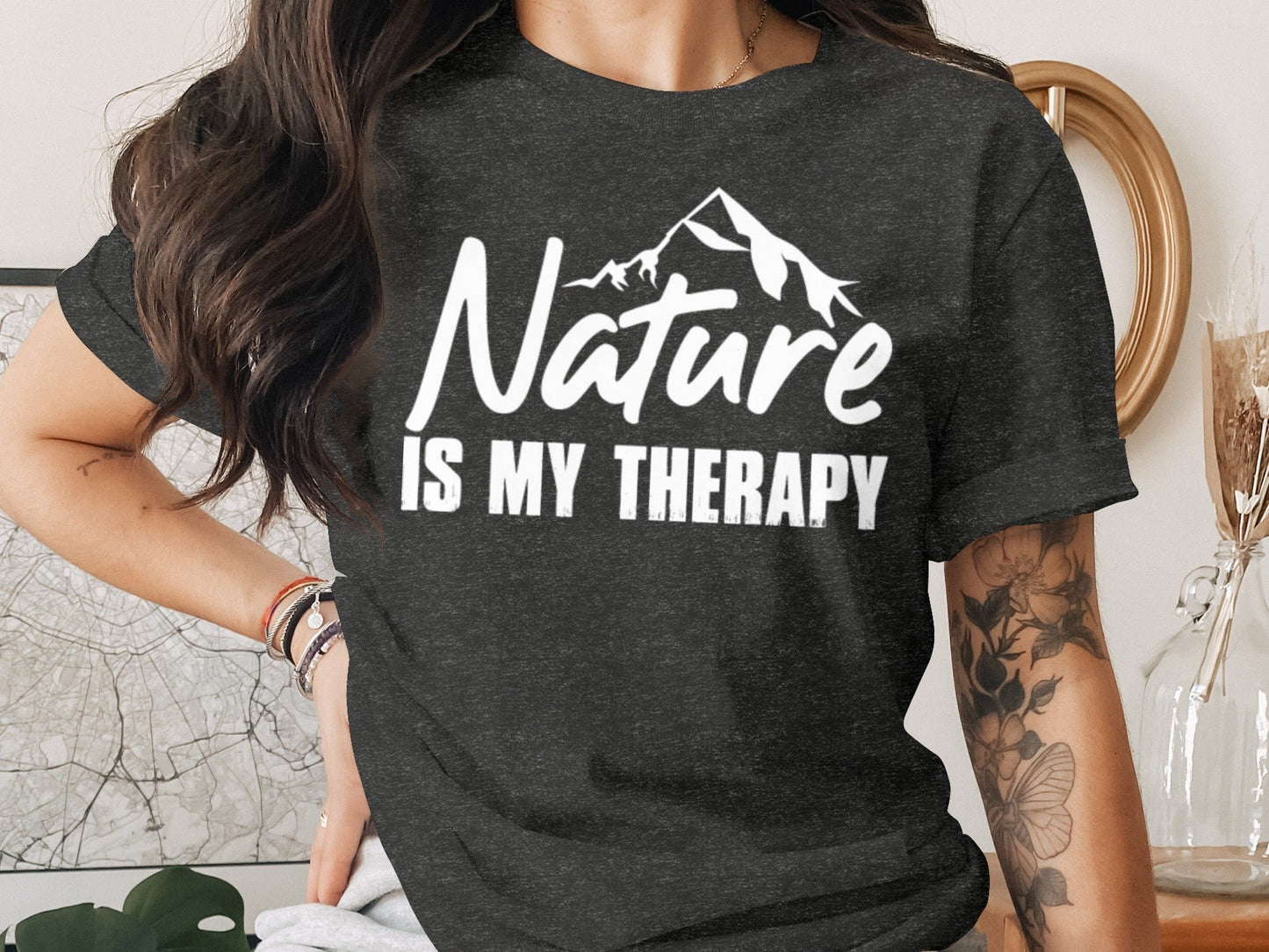 Nature is my Therapy White Text with Mountain T-Shirt