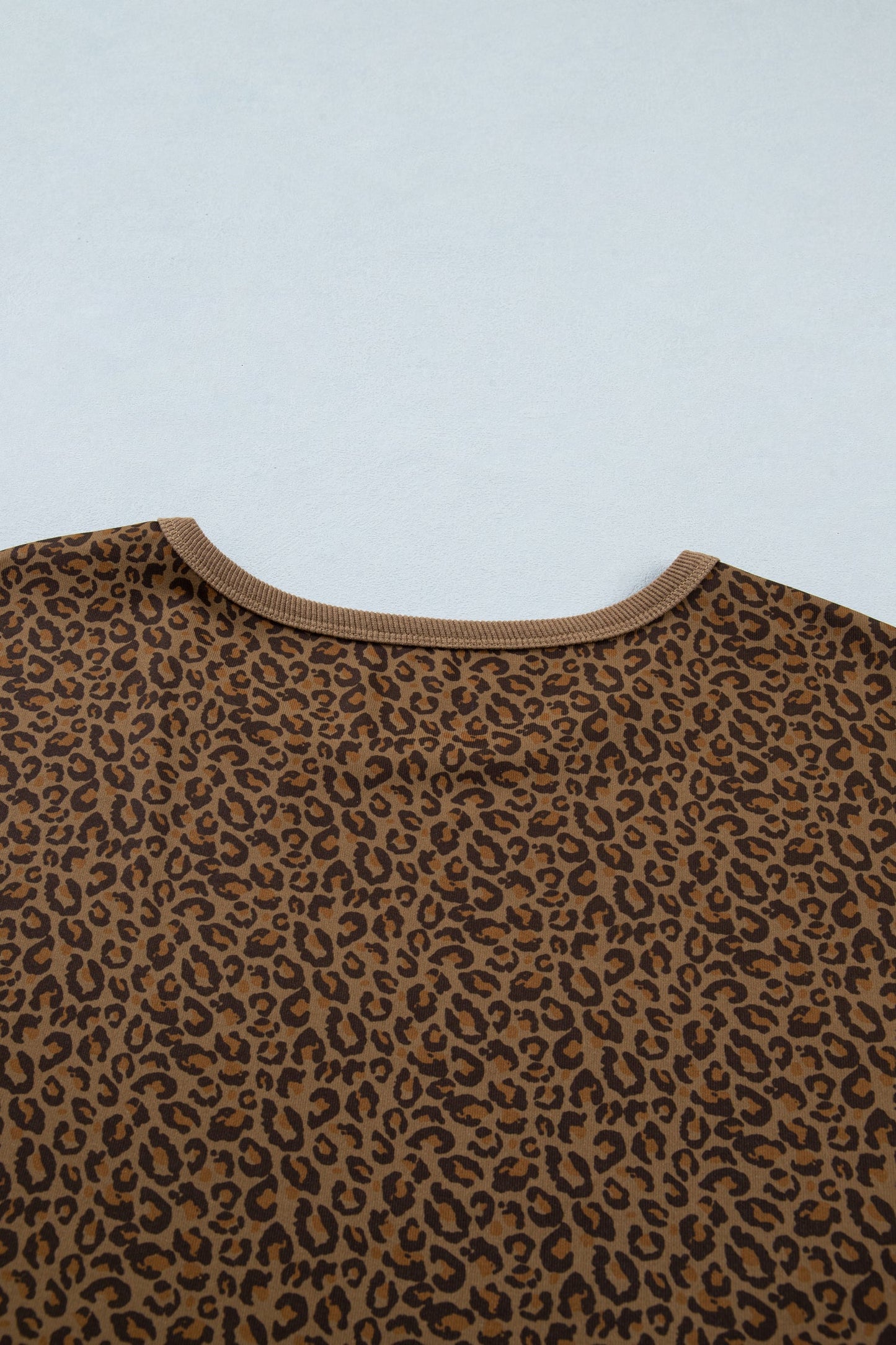 Khaki Plus Size Leopard Print Ribbed Trim Round Neck Tee