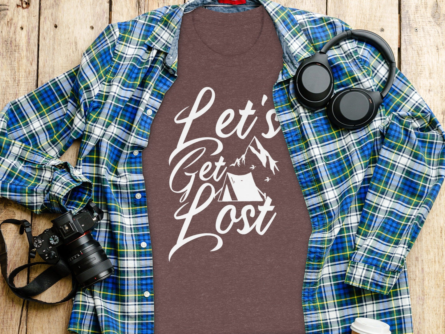 Lets Get Lost Tent and Mountain Graphic Design T-Shirt
