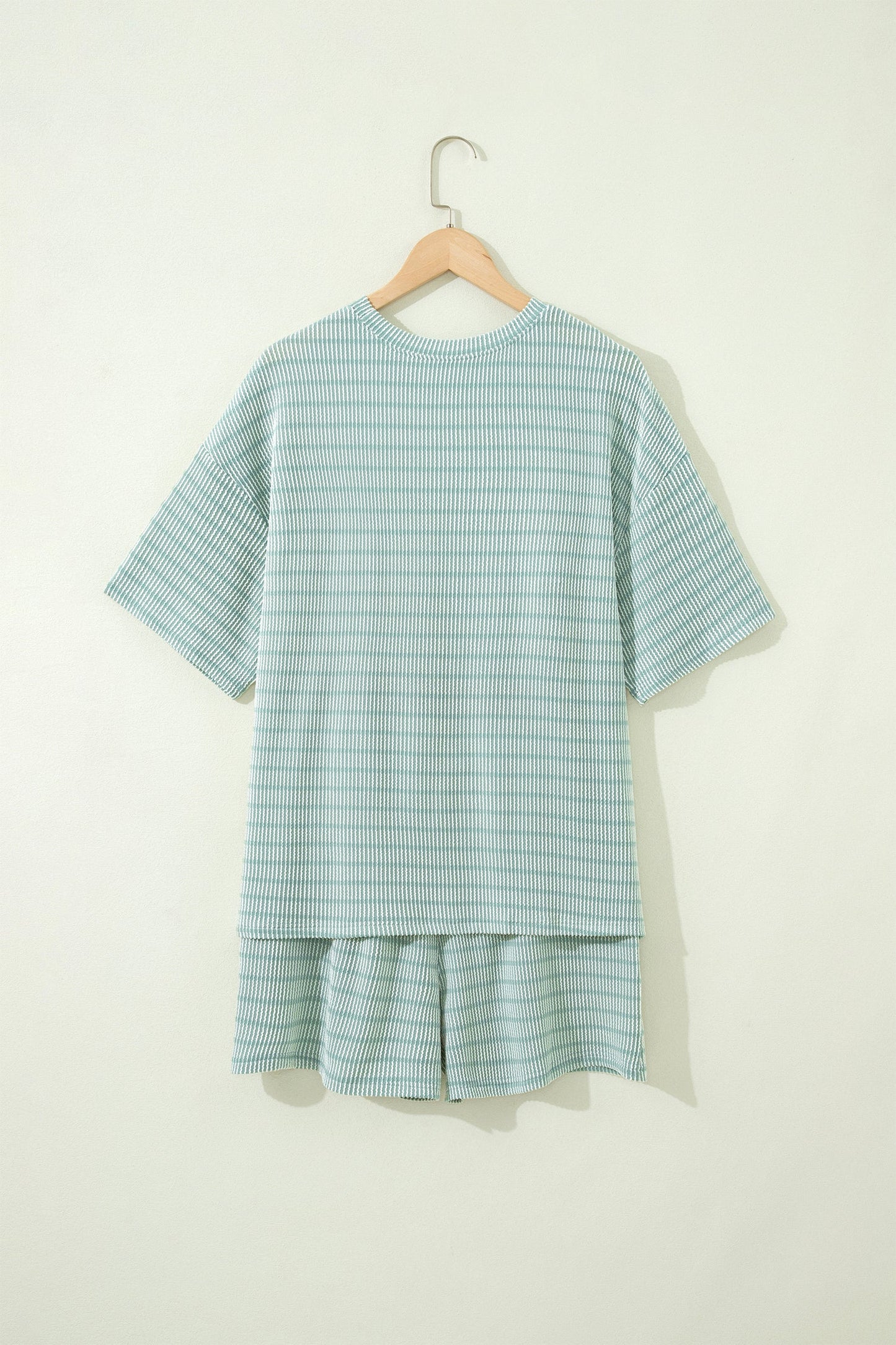 Green Stripe Raised Rib Loose Tee Drawstring Elastic Waist 2pcs Short Set