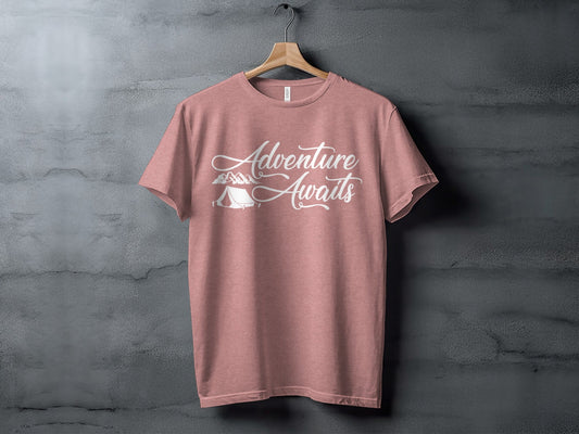 Adventure Awaits Tent Mountains Graphic Design T-Shirt
