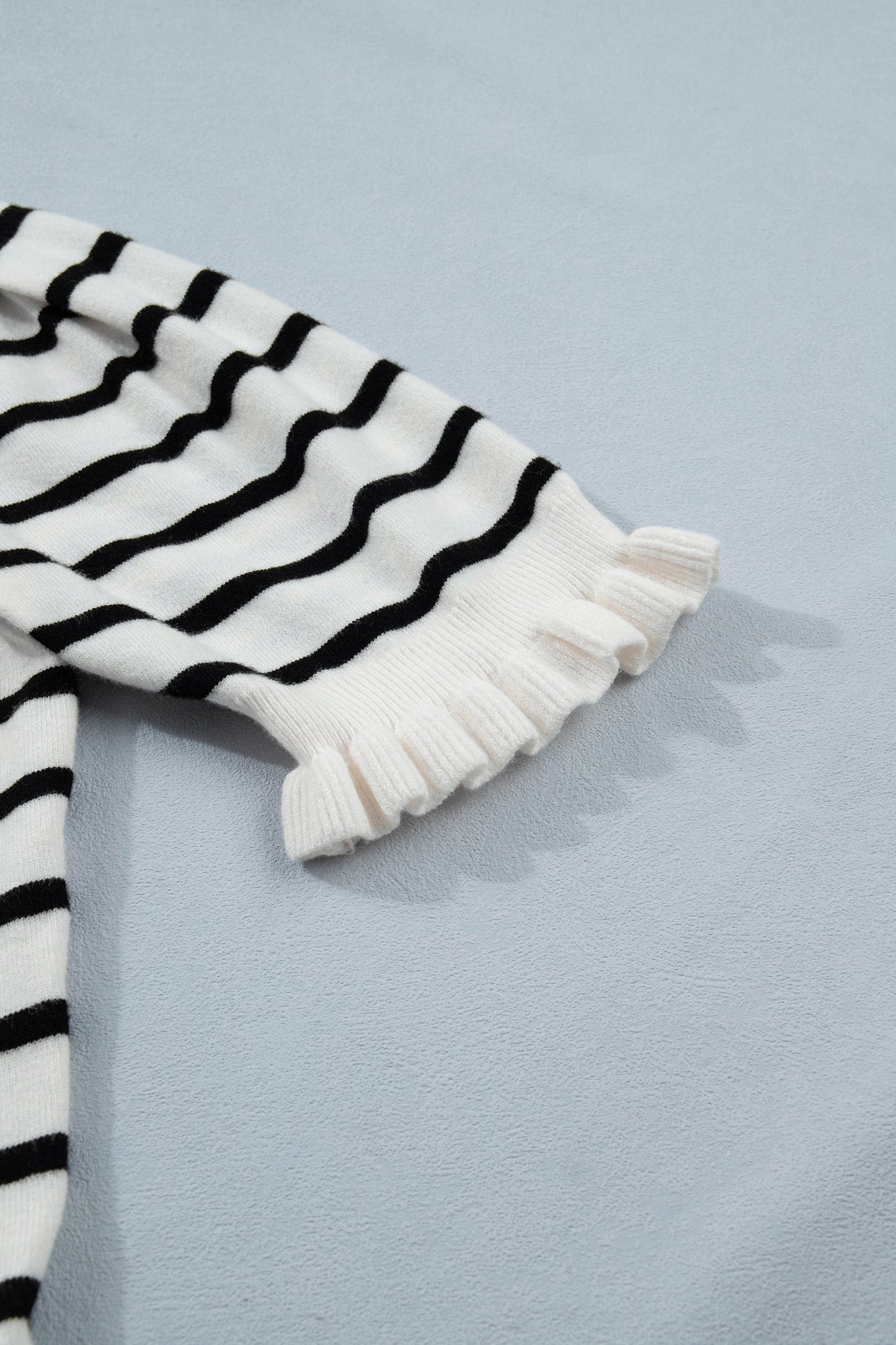 Beige Stripe Ruffle Trim Button Down Knit Short Sleeve Sweater Cardigan