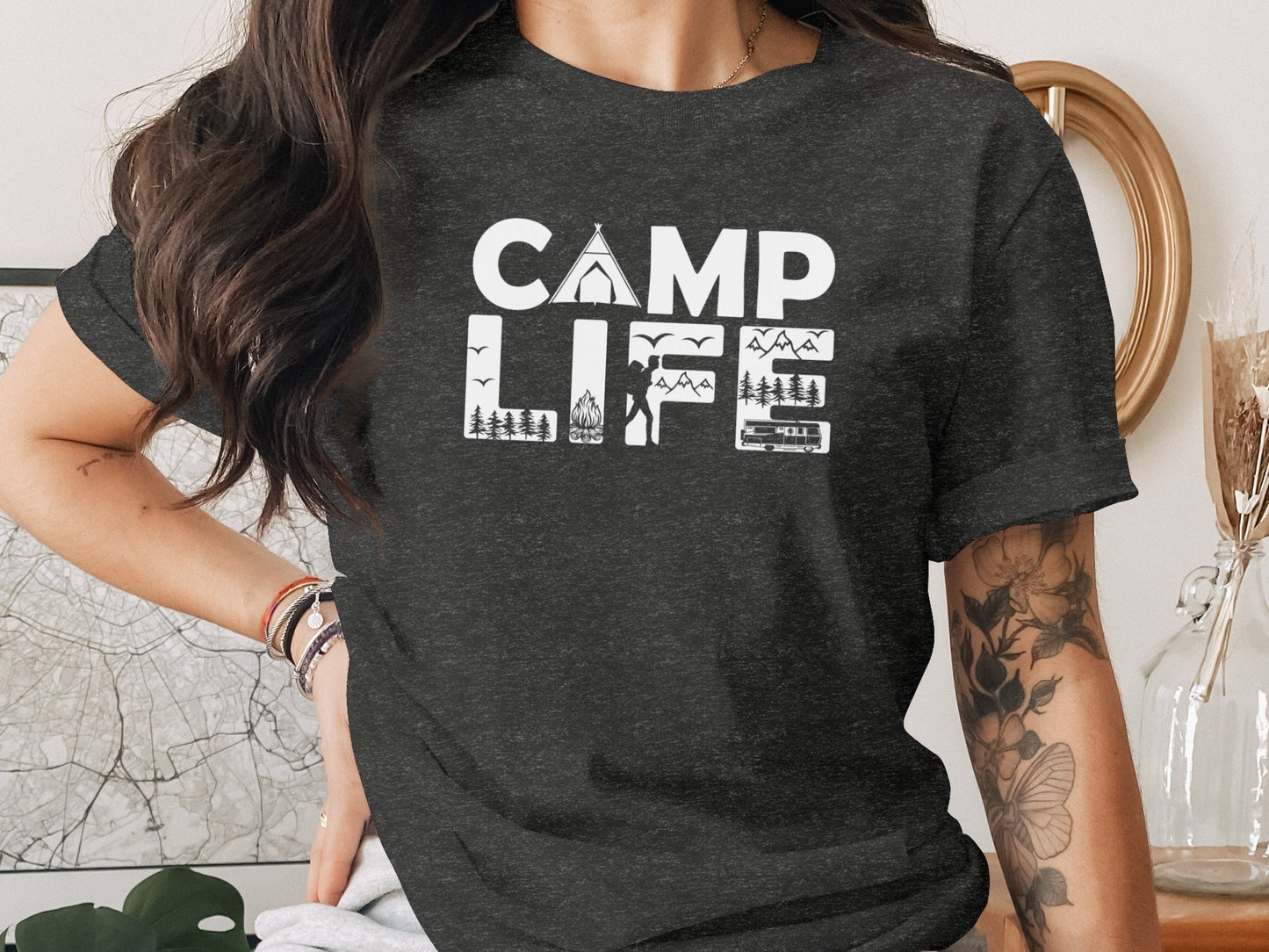 Camp Life Illustration with Tent and Fire Design T-Shirt