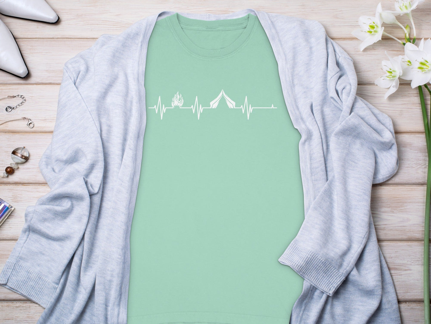 Camping Fire Tent Heartbeat Outdoor Adventure Long Sleeve T-Shirt