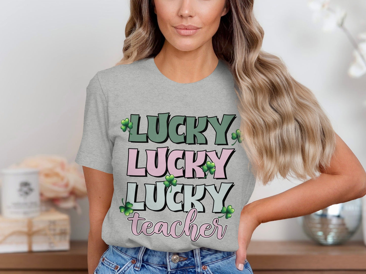 Lucky Lucky Lucky Teacher with Clovers St Patricks Day T-Shirt