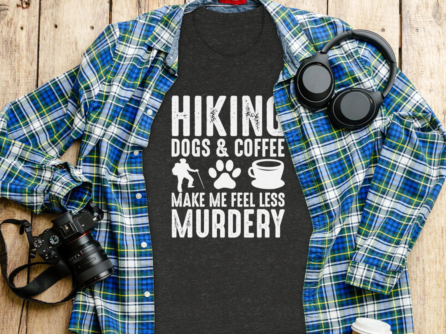 Hiking Dogs Coffee Less Murdery Funny Graphic Design T-Shirt