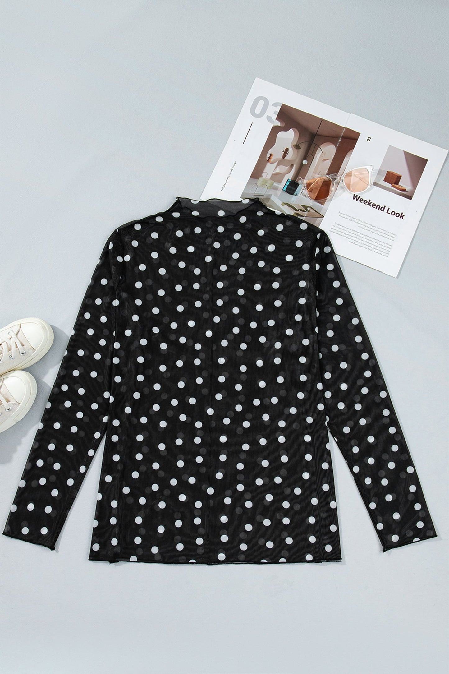 Black Plus Size Mock Neck Polka Dot Long Sleeve Mesh Top