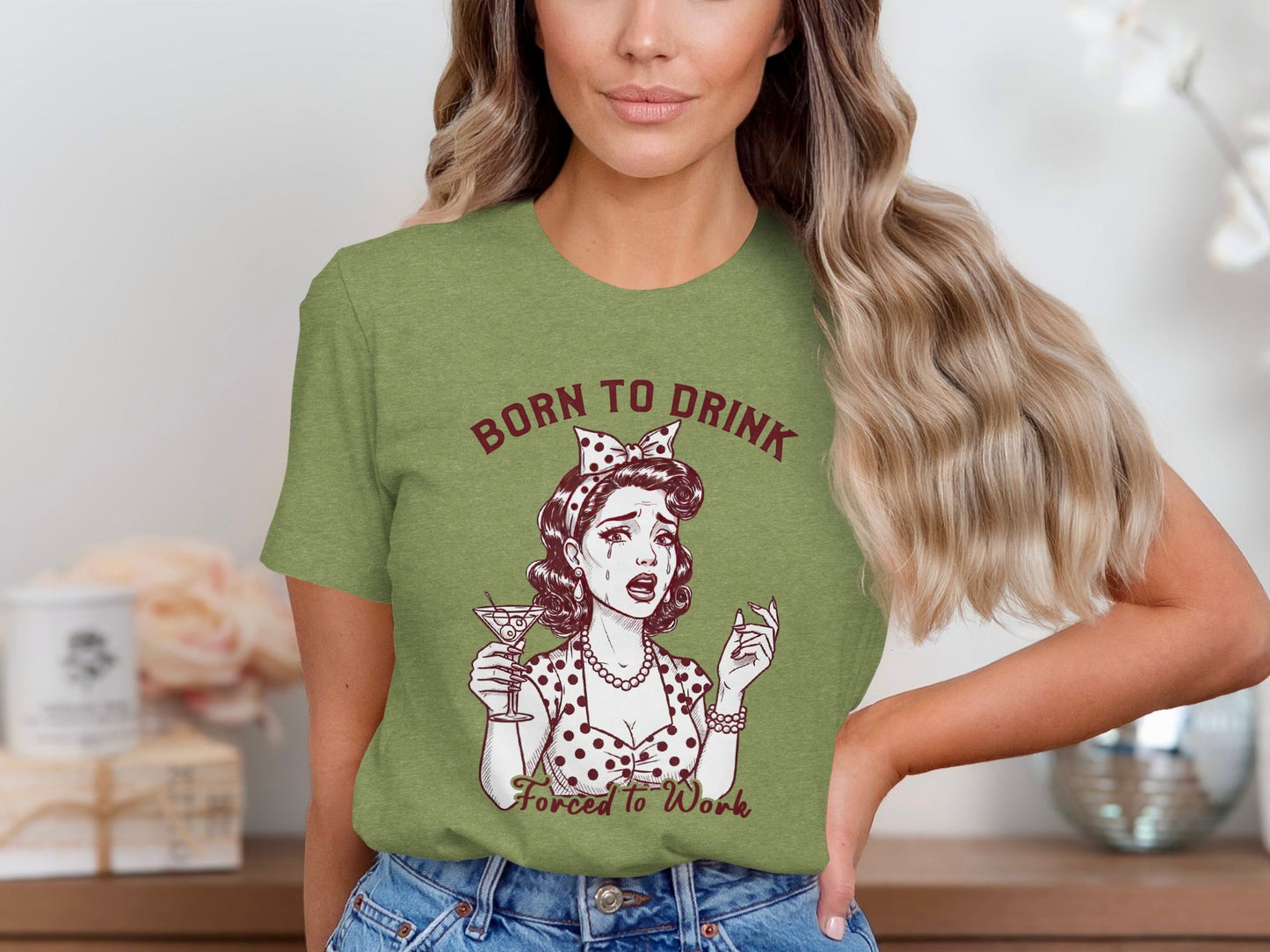 Born To Drink Forced To Work Crying Woman Art T-Shirt