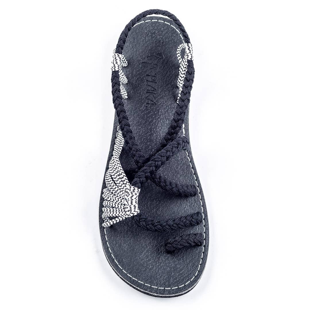 Plaka - Palm Leaf Flat Summer Sandals - Black Zebra