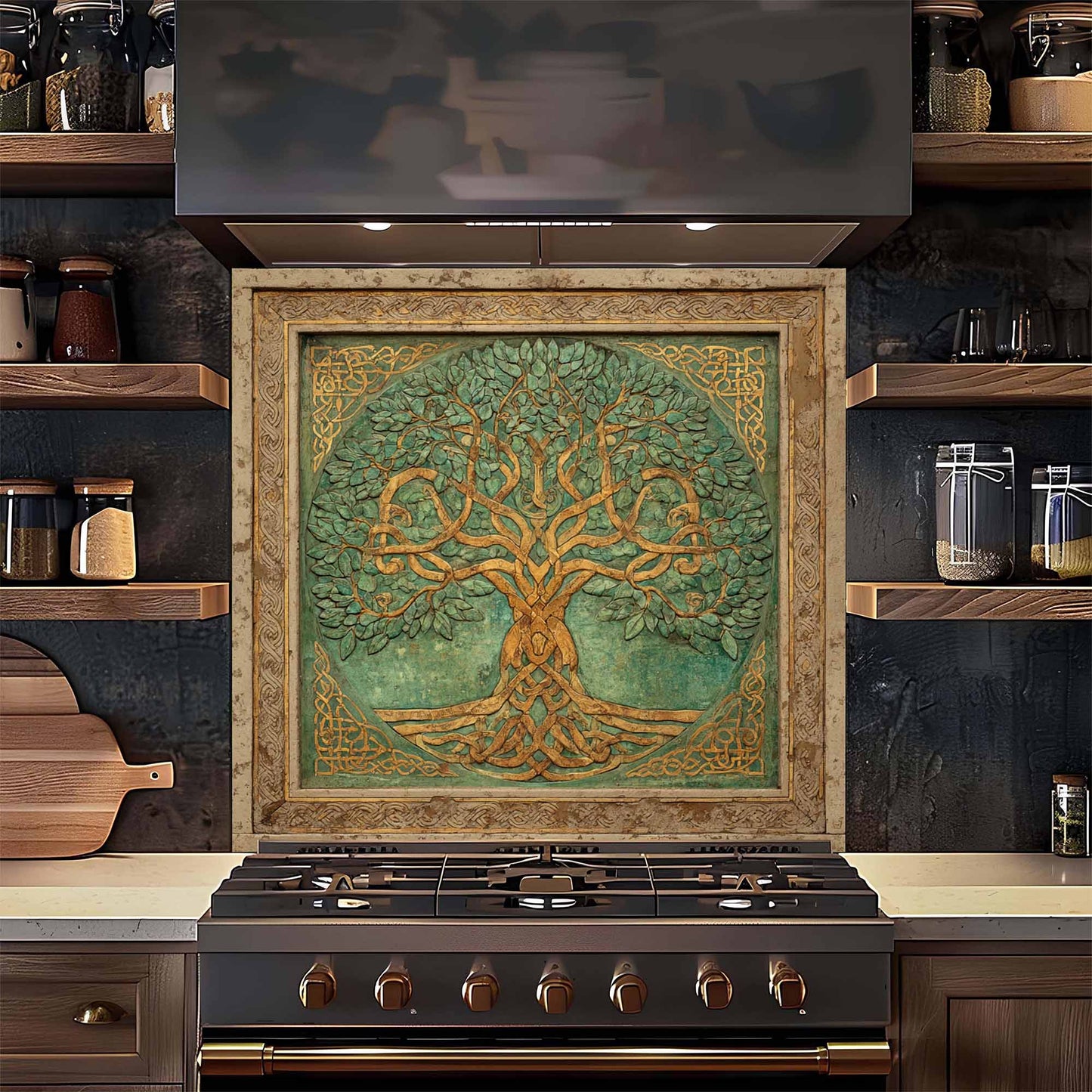 Emerald Gold Tree Tempered Glass Backsplash – Tree of Life Kitchen Backsplash