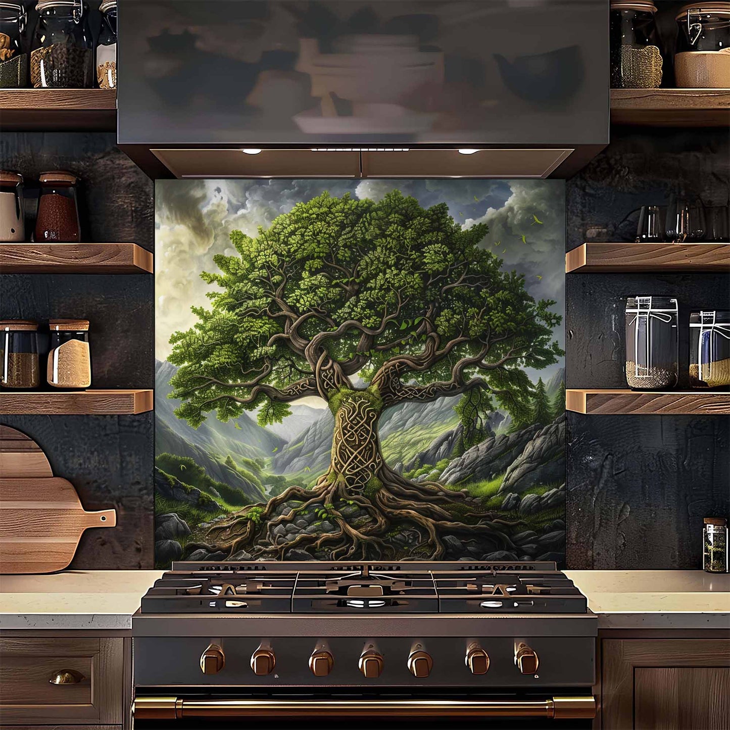 Celtic Mountain Tree Tempered Glass Backsplash – Kitchen Backsplash Behind Stove