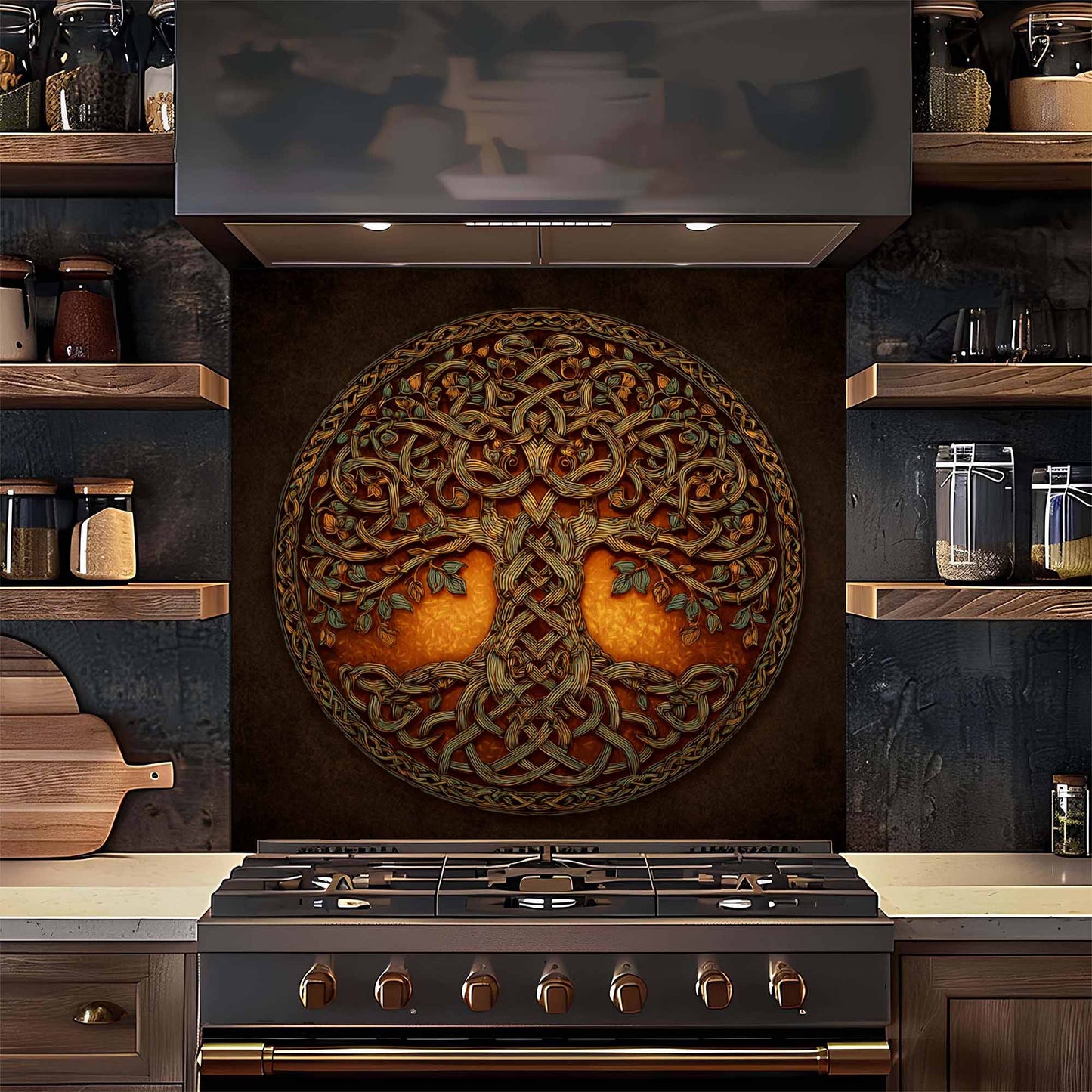 Celtic Flame Tempered Glass Backsplash – Tree of Life Kitchen Backsplash