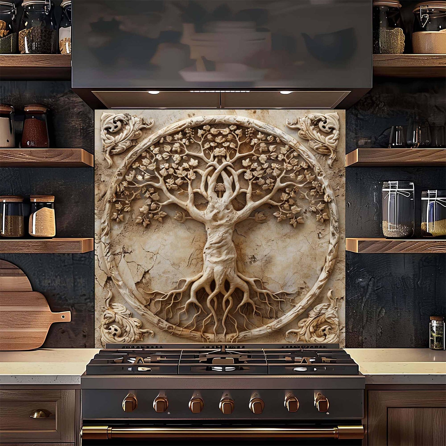 Sacred Blossom Tempered Glass Backsplash –  Tree of Life Kitchen Backsplash