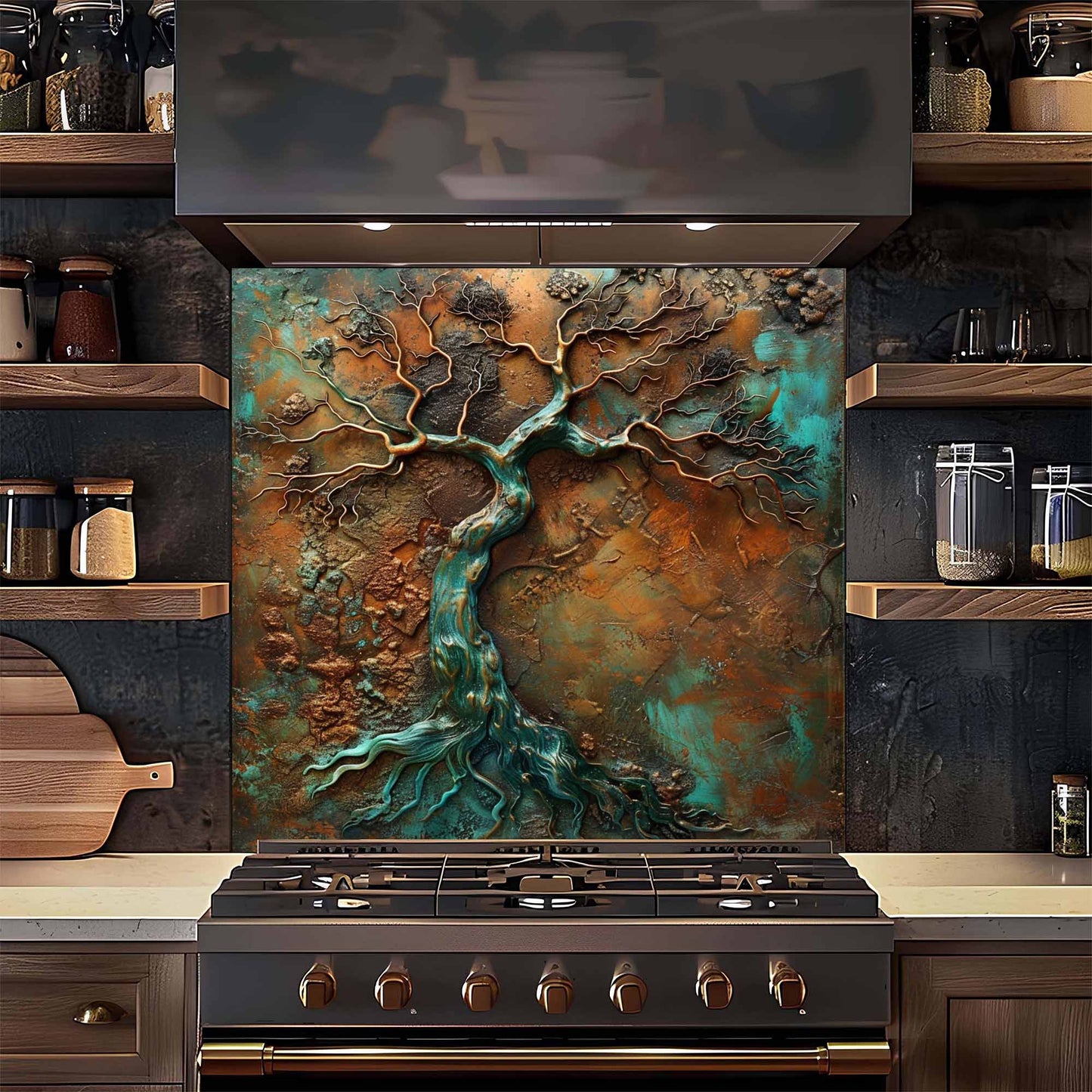 Flowing Copper Roots Tempered Glass Backsplash – Kitchen Backsplash Behind Stove