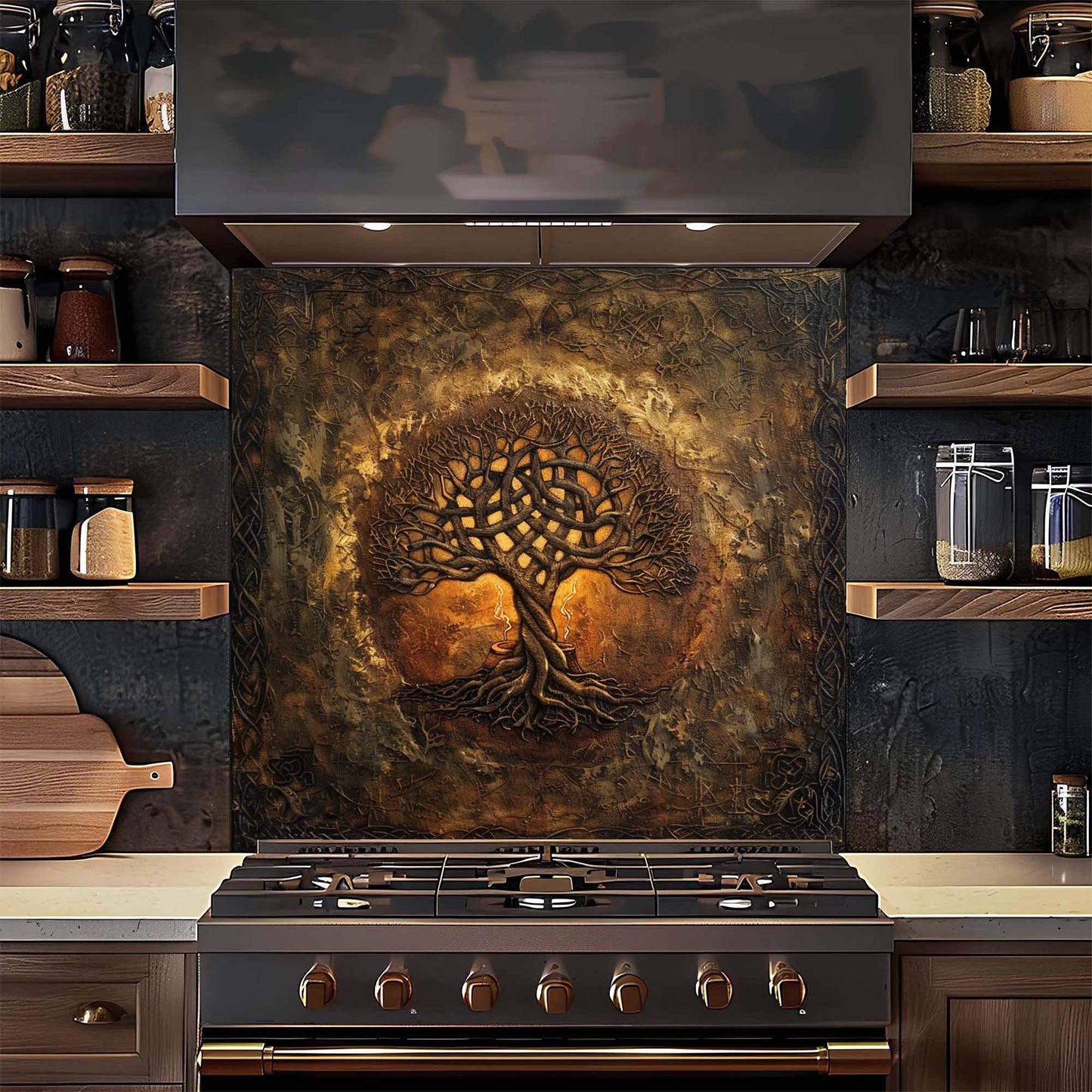 Mystic Ember Tempered Glass Backsplash – Tree of Life Kitchen Backsplash for Stove