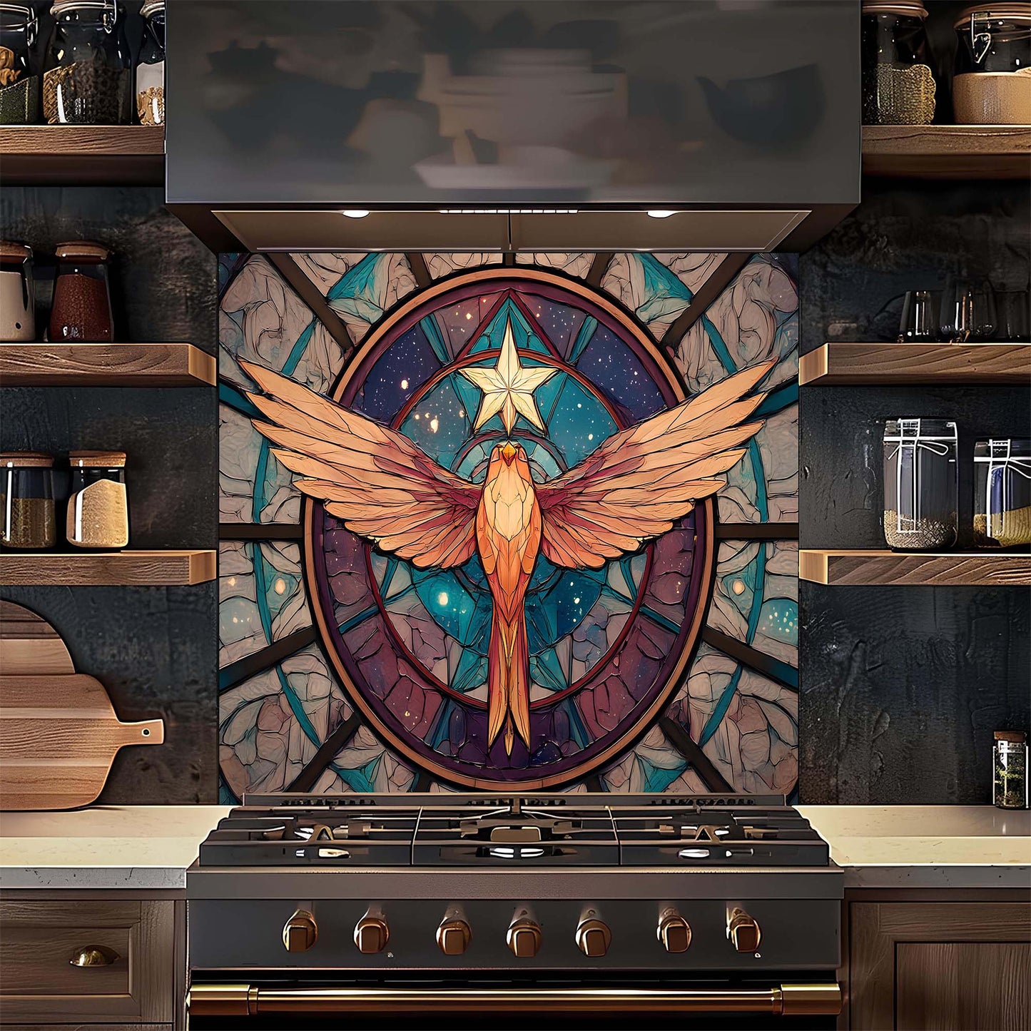 Custom Kitchen Backsplash – Celestial Ascent Tempered Glass Backsplash for Stove