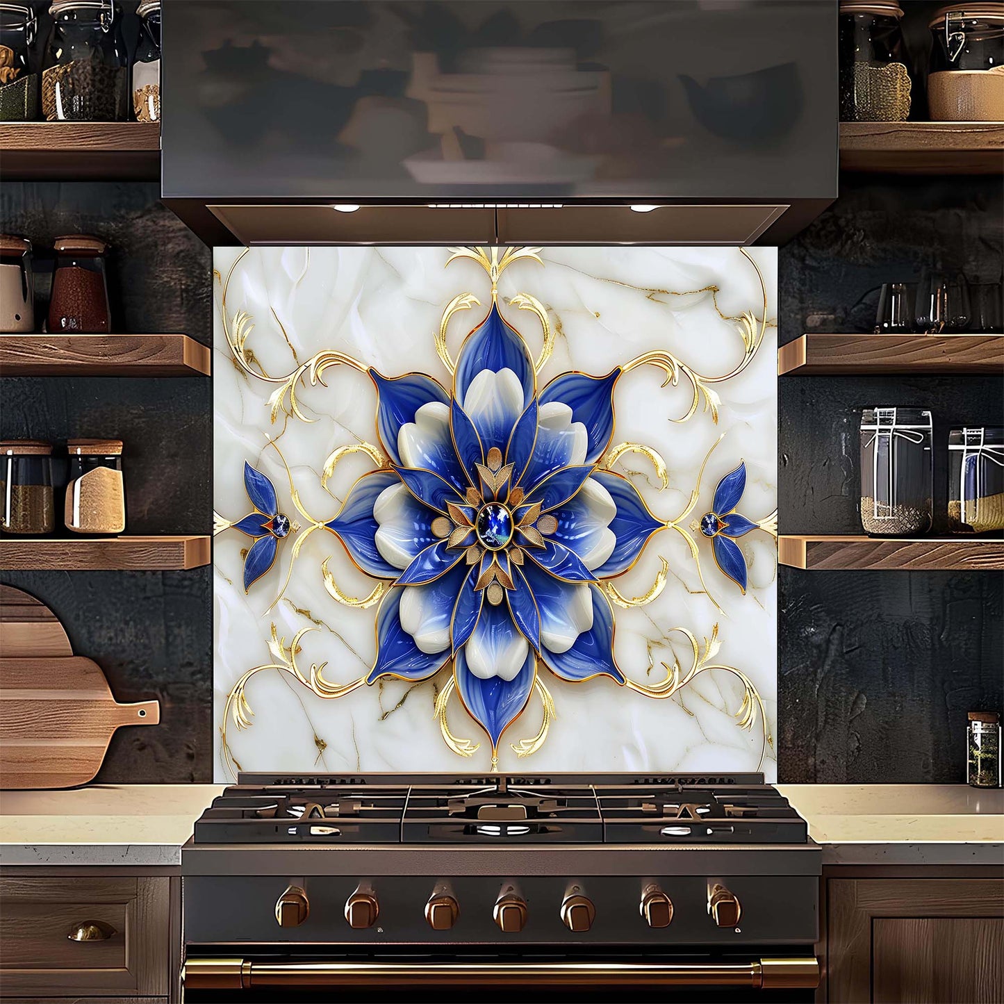 Tempered Glass Backsplash for Kitchen – Royal Blue Blossom Custom Splashback