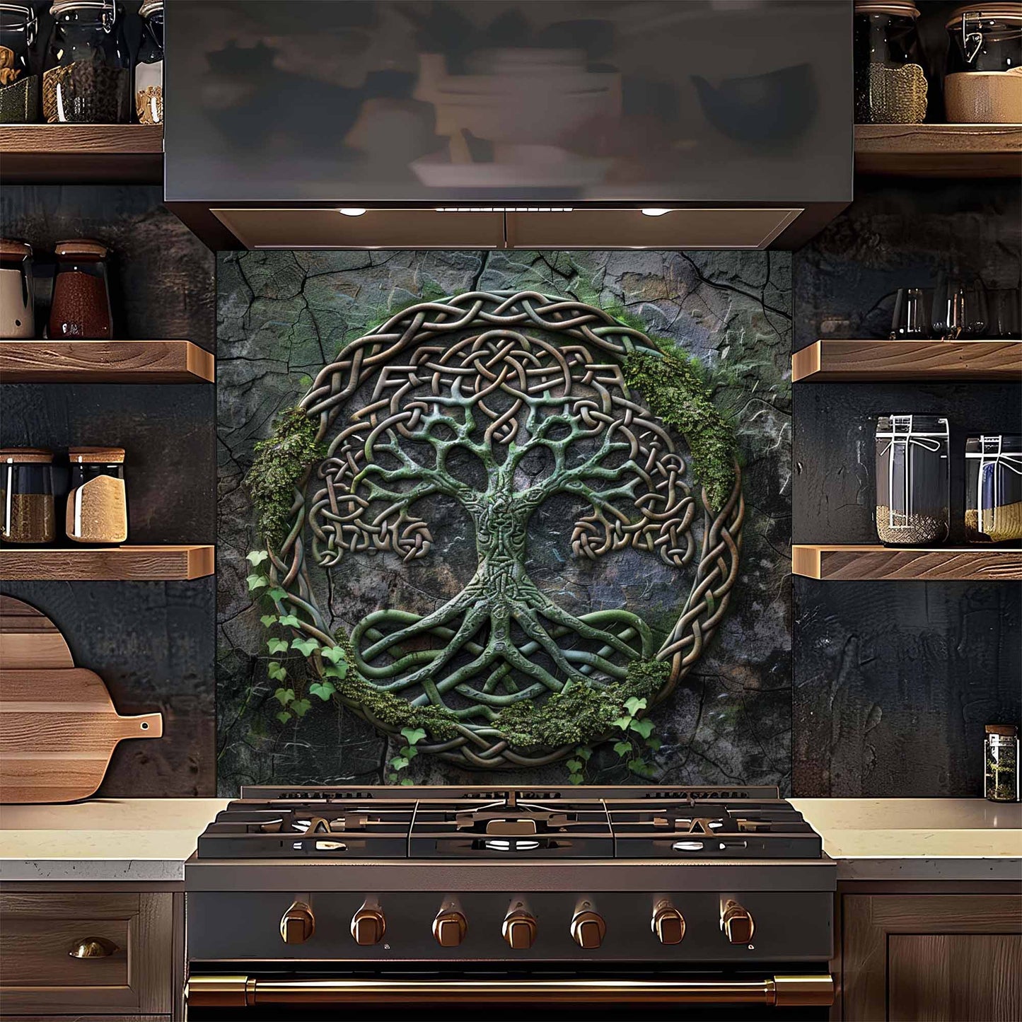 Celtic Roots Tempered Glass Backsplash – Tree of Life Kitchen Backsplash for Stove