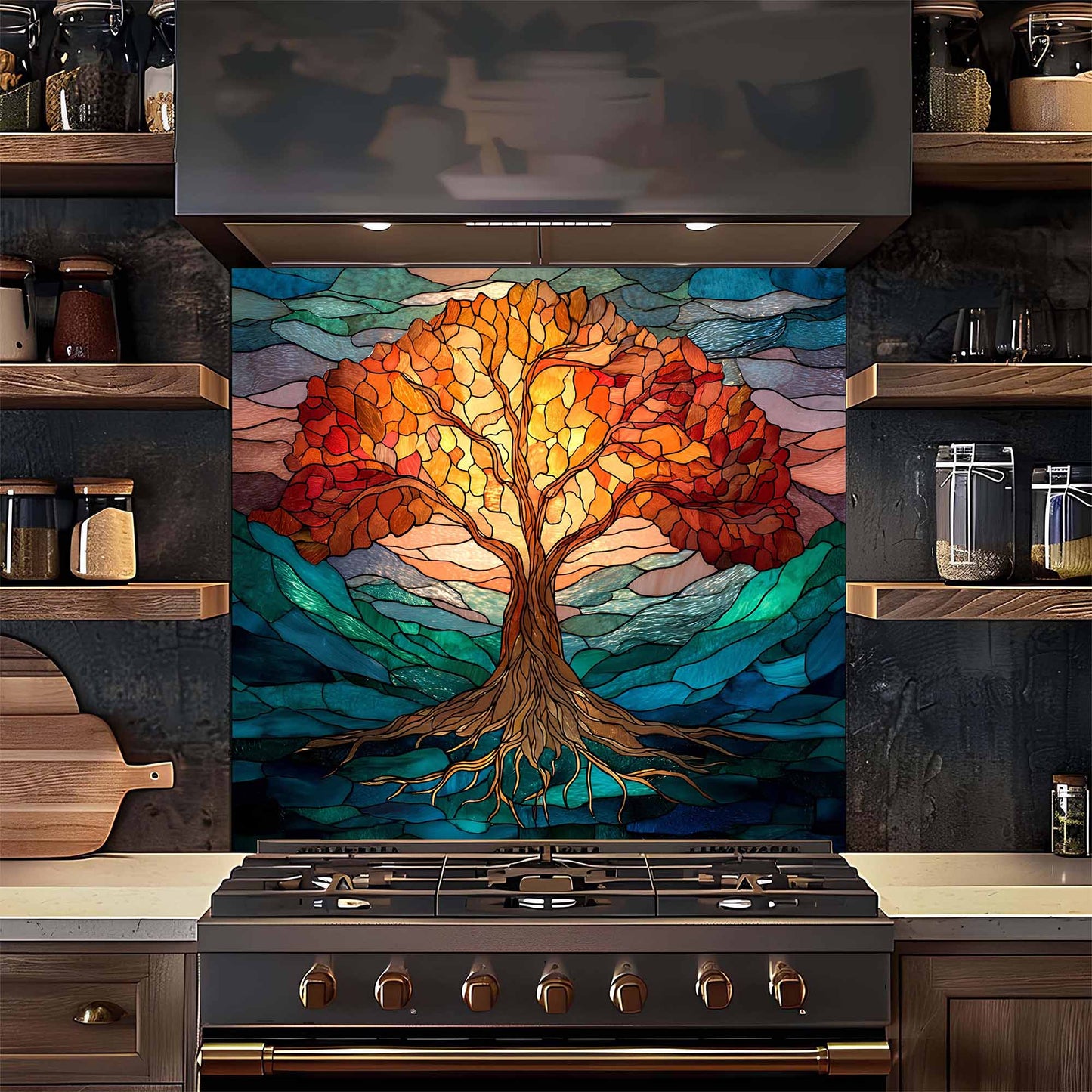 Luminous Flame Tree Glass Backsplash – Tempered Glass Backsplash for Kitchen Stove