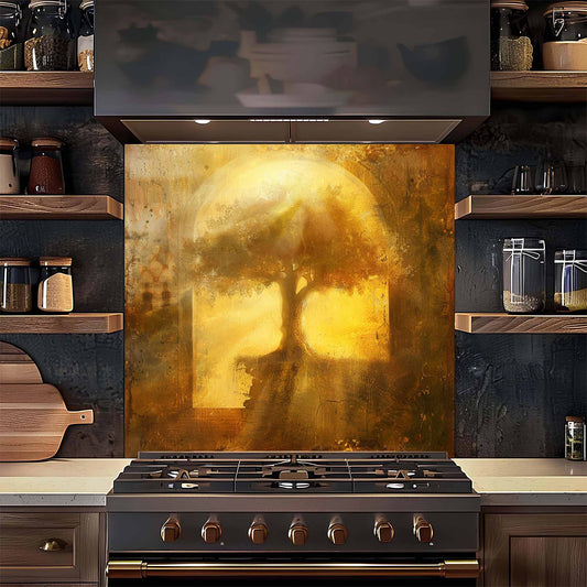 Golden Unity Tempered Glass Backsplash - Tree of Life Stove Backsplash