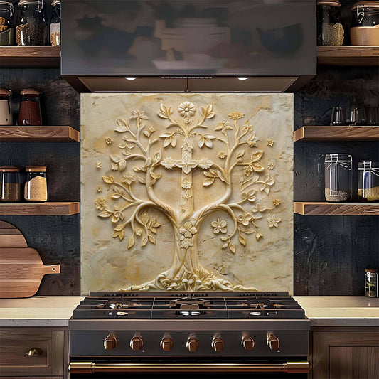 Floral Grace Tempered Glass Backsplash – Tree of Life Kitchen Backsplash for Stove