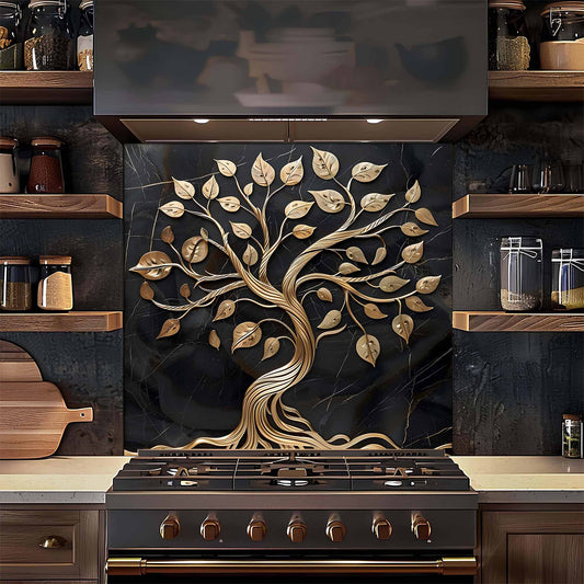 Golden Vine Tree Stove Backsplash – Tempered Glass Backsplash for Kitchen