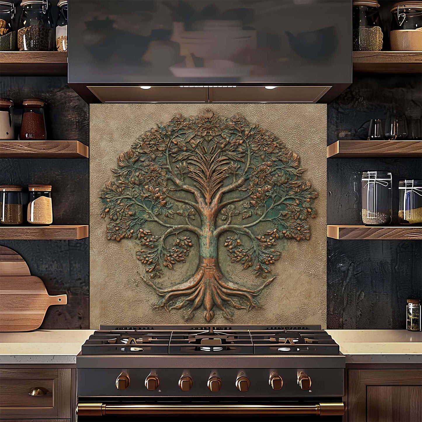 Verdigris Bloom Kitchen Backsplash – Tree of Life Glass Backsplash for Stove