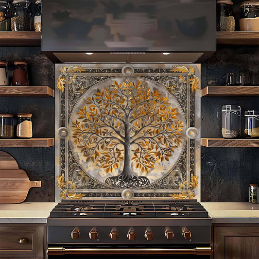 Gilded Harmony Tree of Life Kitchen Backsplash – Tempered Glass Backsplash for Stove