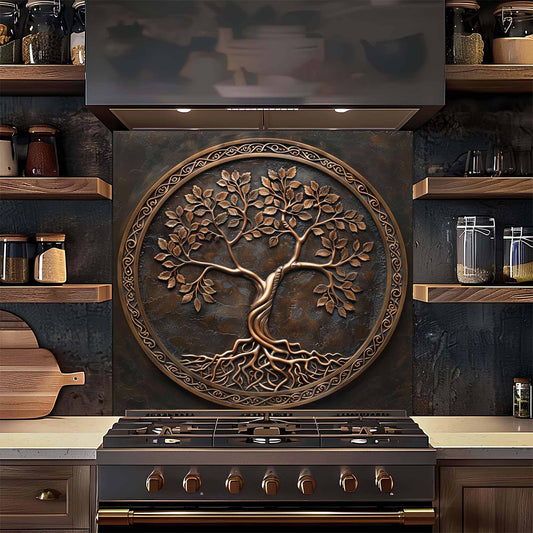 Bronze Circle Tempered Glass Backsplash – Copper Look Tree of Life Kitchen Backsplash