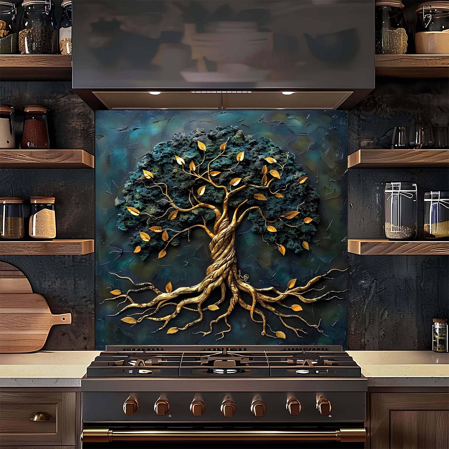 Golden Roots Tree Glass Backsplash – Tempered Glass Backsplash for Kitchen