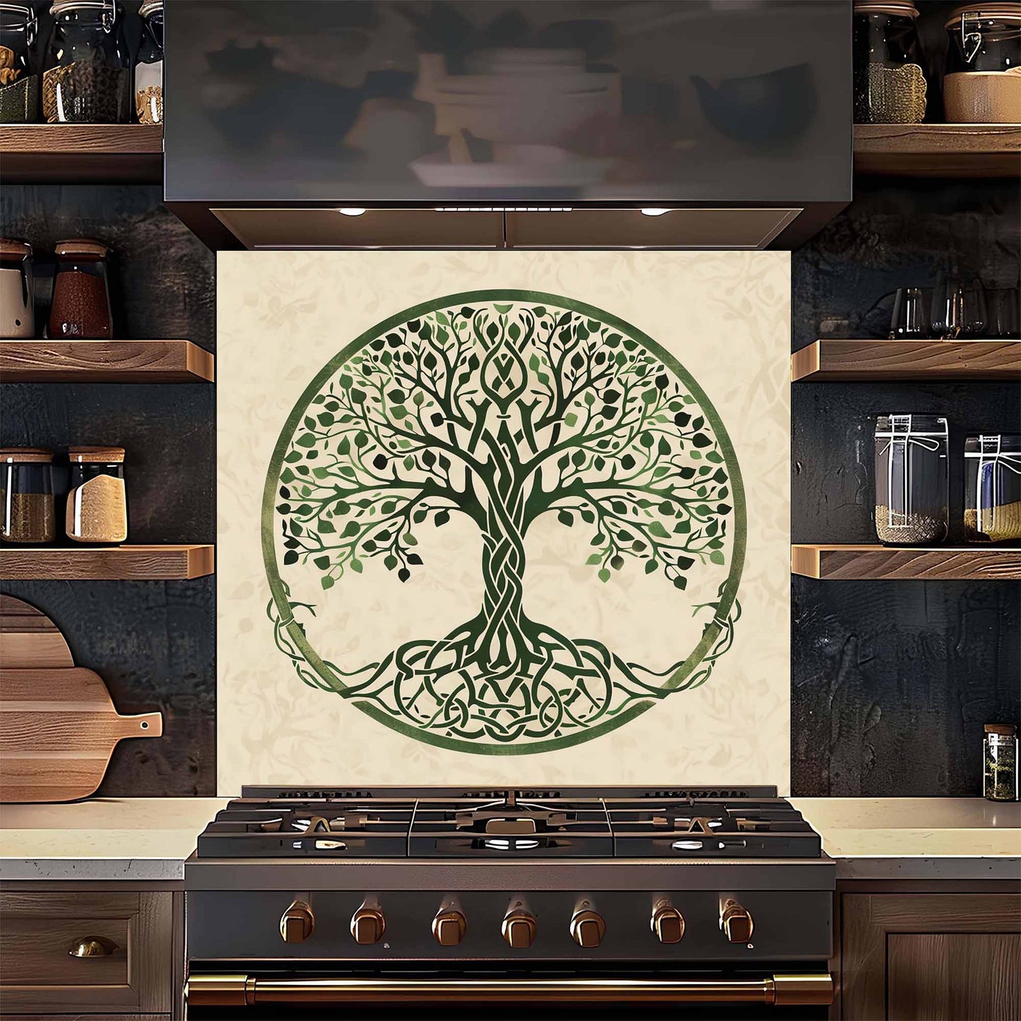Celtic Roots Tempered Glass Backsplash – Green Tree of Life Kitchen Backsplash for Stove