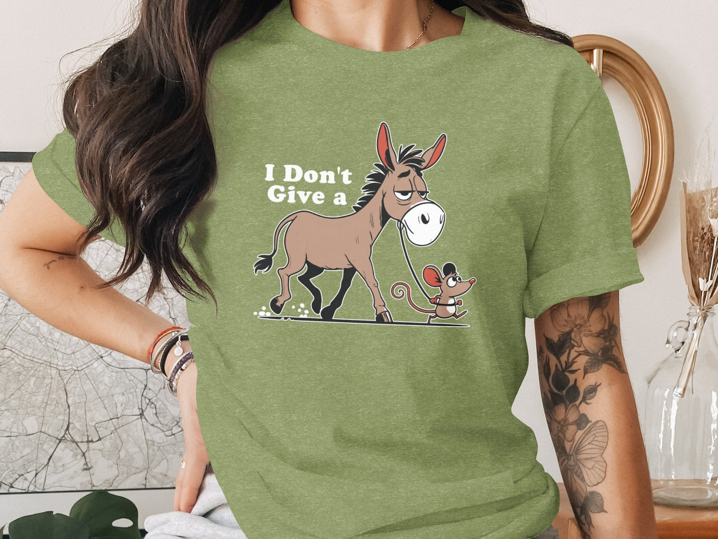 Funny Mouse Walking a Donkey Cartoon Graphic T-Shirt