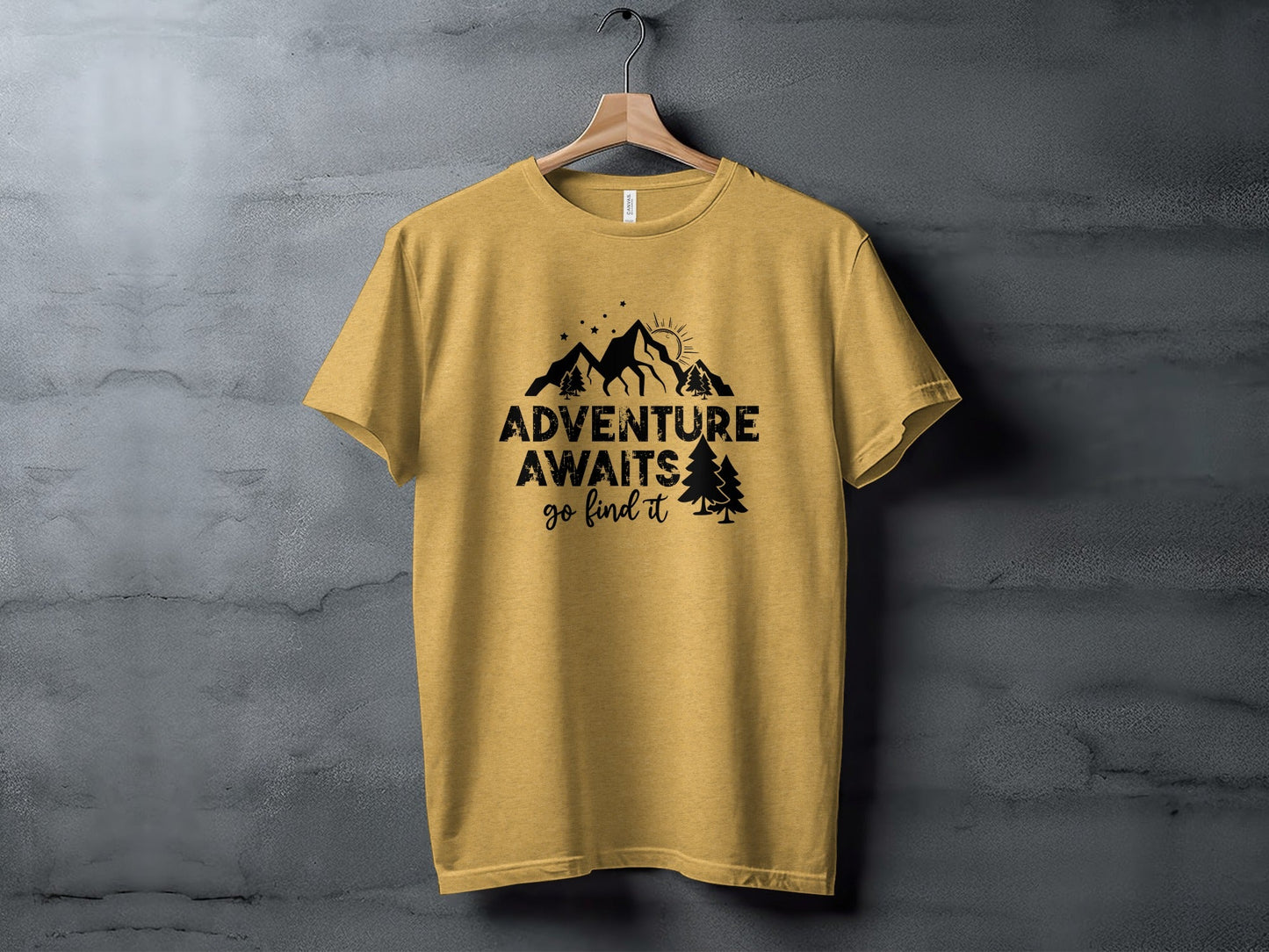 Adventure Awaits Go Find It Mountains Trees and Sun T-Shirt