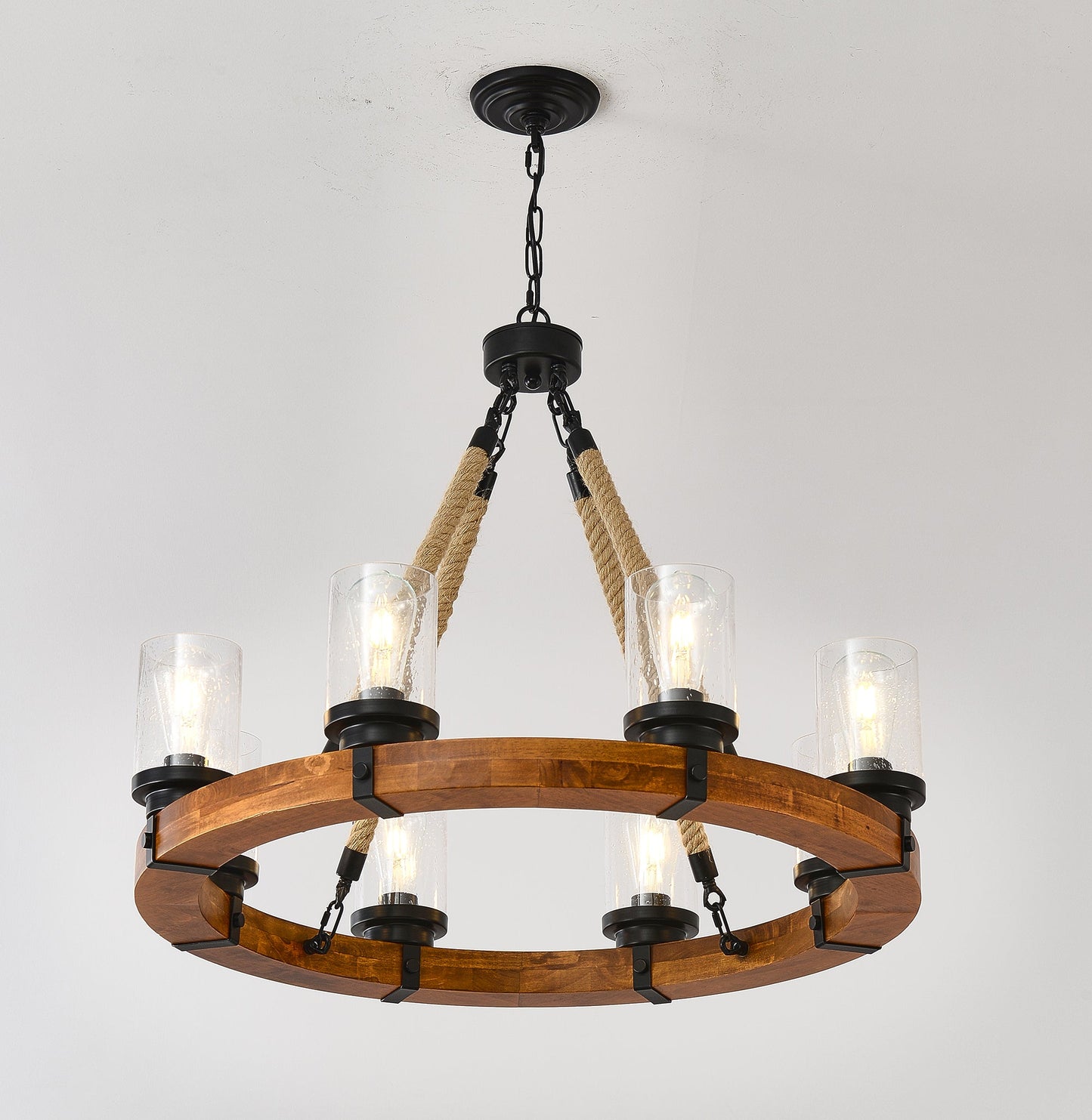 8 Light Rustic Wagon Wheel Chandelier, 31" Wooden Pendant Light with Seeded Glass Shade