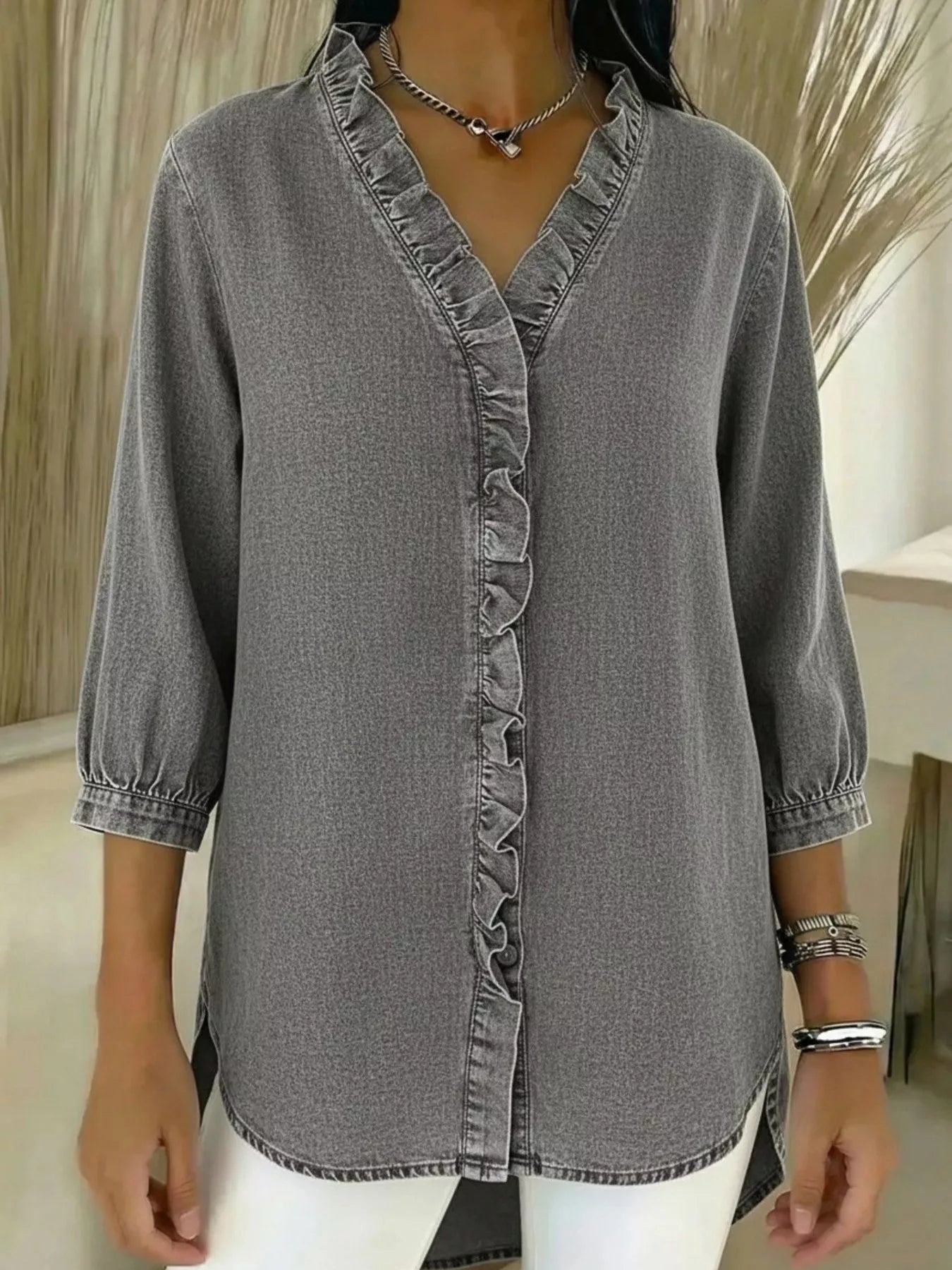 Full Size V-Neck Ruffled Button Down Shirt Plus Size