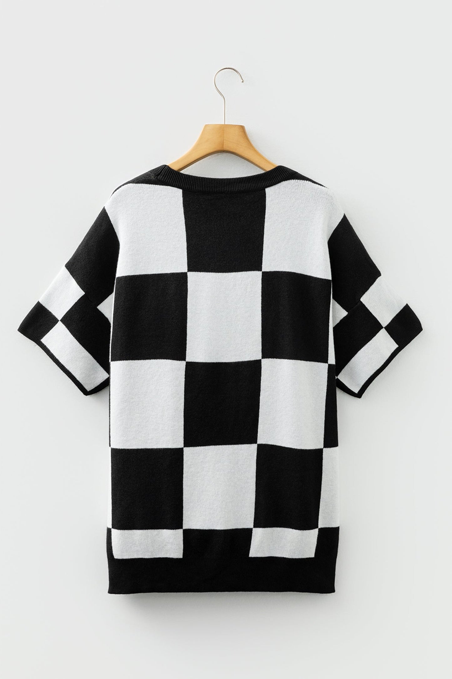 Light French Beige Checkered Pattern Loose Drop Shoulder Half Sleeve Sweater