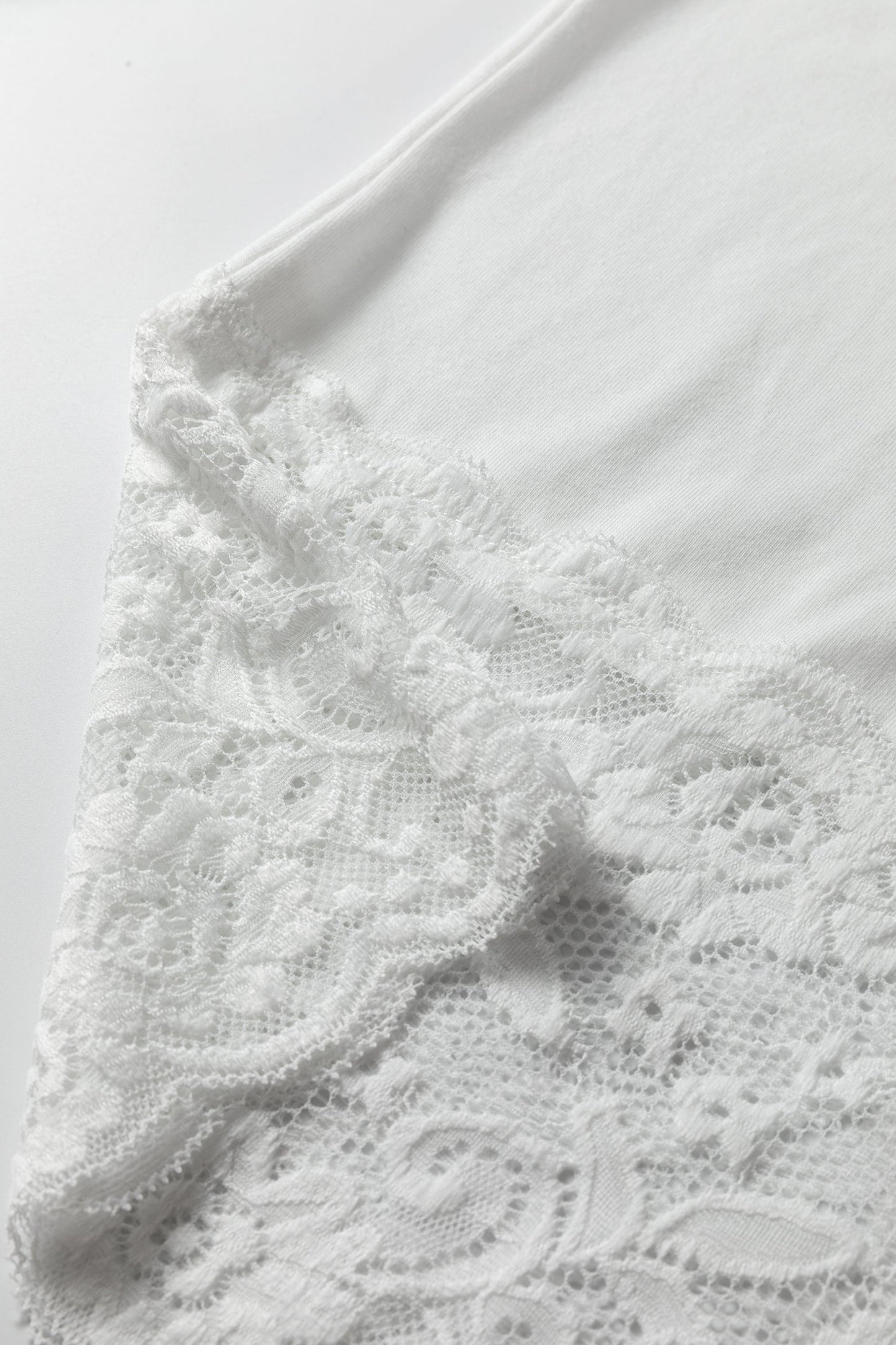 White Lace Trim V Neck Cuffed Long Sleeve Loose Top