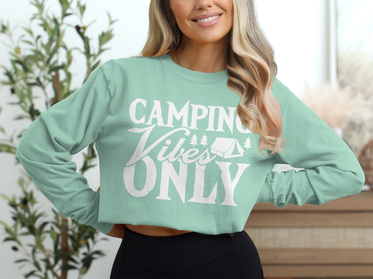 Camping Vibes Only With Tent Graphic Summer Fun Long Sleeve T-Shirt