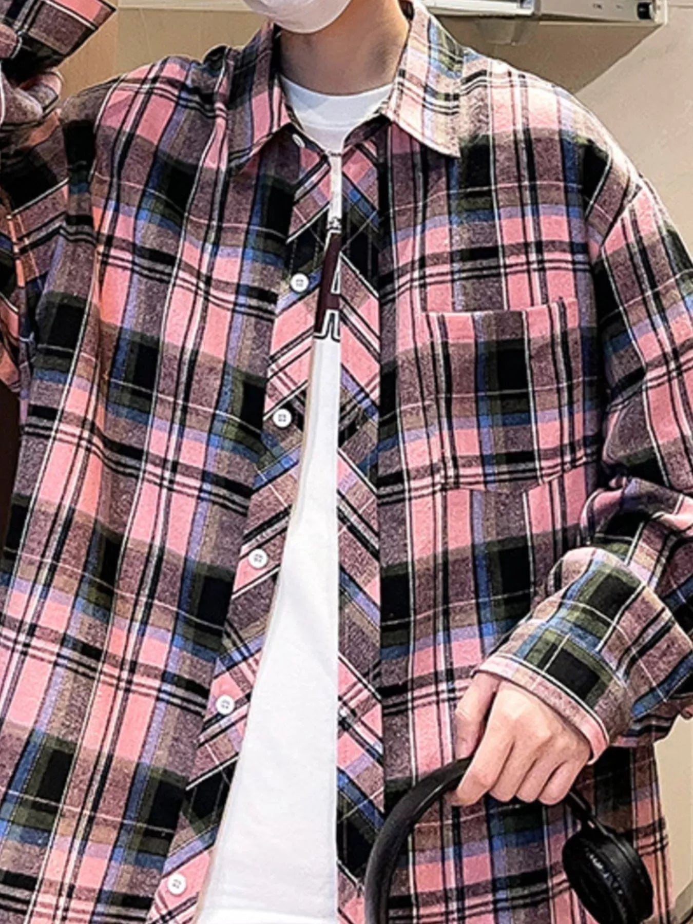 Men's Full Size Casual Plaid Long Sleeve Shirt Plus Size