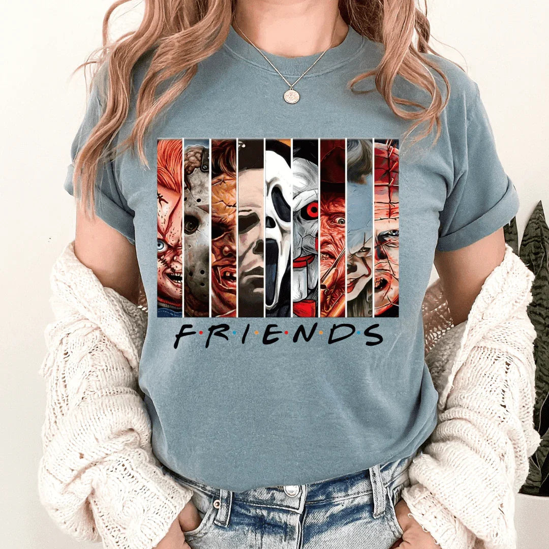 Horror Movie Friends T-Shirt | Horror Halloween Graphic Tee | Slasher Film Shirt | Spooky Season | Horror Fan Gift | Unisex Comfort Tee