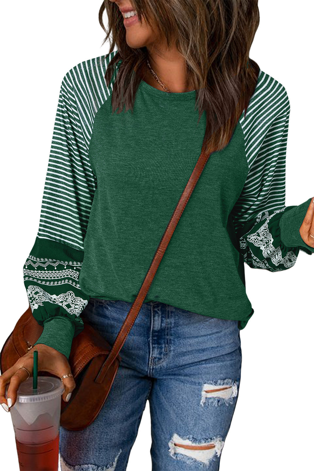 Tillandsia Purple Contrast Print Striped Raglan Long Sleeve Loose Top