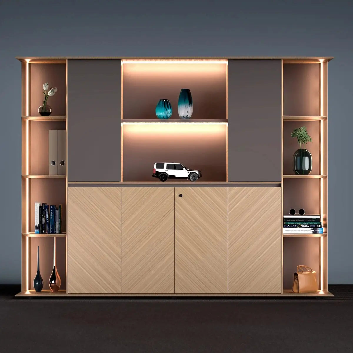 Sona · Office Shelves w/ Lighting & Cabinets