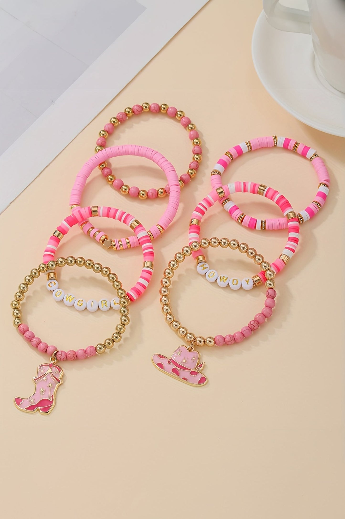 Pink 7pcs HOWDY COWGIRL Hat Boot Beaded Stretch Bracelet Set