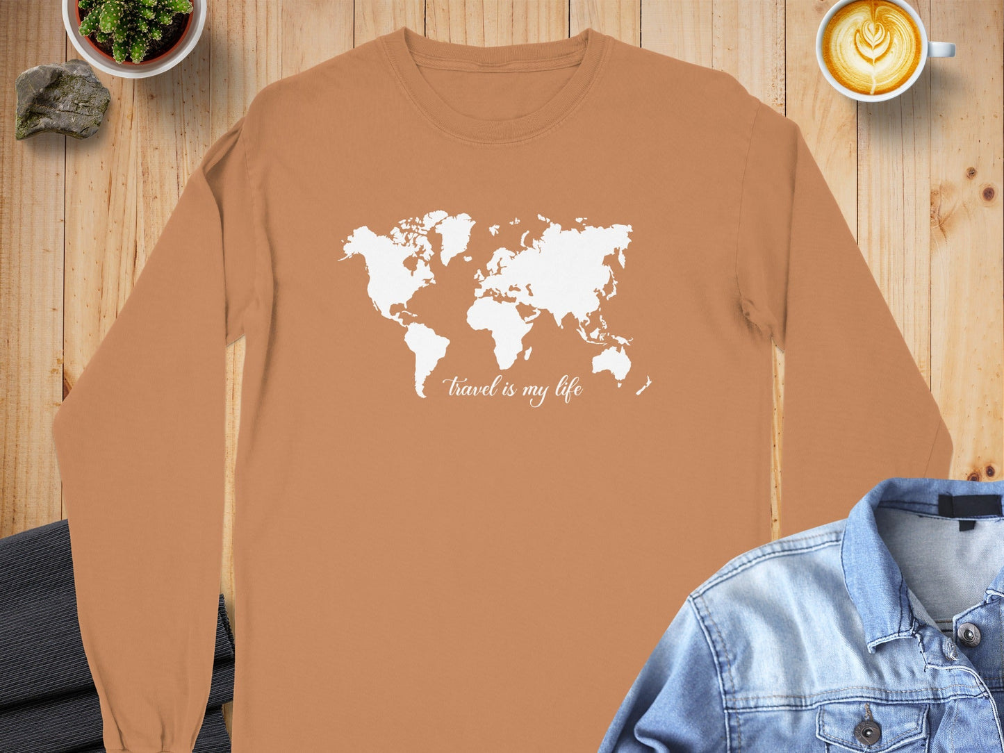 Travel Is My Life World Map Simple Modern Long Sleeve T-Shirt
