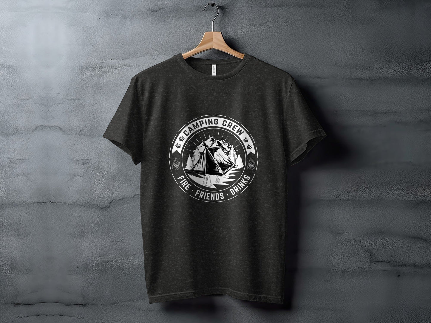 Camping Crew Friends Drinks Fire Tent Mountain Scene T-Shirt